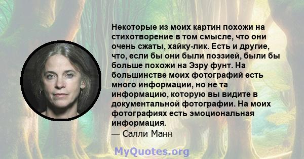 Некоторые из моих картин похожи на стихотворение в том смысле, что они очень сжаты, хайку-лик. Есть и другие, что, если бы они были поэзией, были бы больше похожи на Эзру фунт. На большинстве моих фотографий есть много