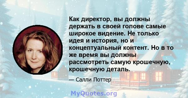 Как директор, вы должны держать в своей голове самые широкое видение. Не только идея и история, но и концептуальный контент. Но в то же время вы должны рассмотреть самую крошечную, крошечную деталь.