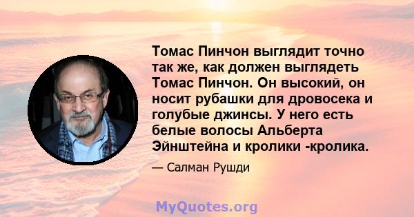 Томас Пинчон выглядит точно так же, как должен выглядеть Томас Пинчон. Он высокий, он носит рубашки для дровосека и голубые джинсы. У него есть белые волосы Альберта Эйнштейна и кролики -кролика.