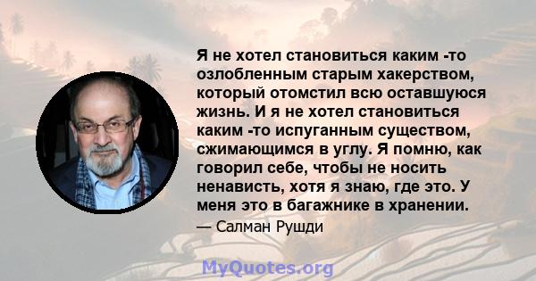 Я не хотел становиться каким -то озлобленным старым хакерством, который отомстил всю оставшуюся жизнь. И я не хотел становиться каким -то испуганным существом, сжимающимся в углу. Я помню, как говорил себе, чтобы не