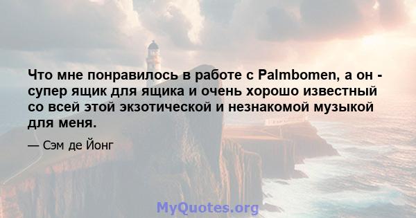 Что мне понравилось в работе с Palmbomen, а он - супер ящик для ящика и очень хорошо известный со всей этой экзотической и незнакомой музыкой для меня.