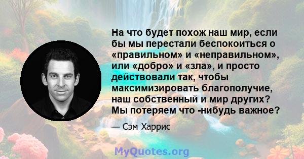 На что будет похож наш мир, если бы мы перестали беспокоиться о «правильном» и «неправильном», или «добро» и «зла», и просто действовали так, чтобы максимизировать благополучие, наш собственный и мир других? Мы потеряем 