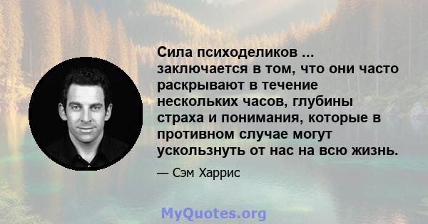 Сила психоделиков ... заключается в том, что они часто раскрывают в течение нескольких часов, глубины страха и понимания, которые в противном случае могут ускользнуть от нас на всю жизнь.