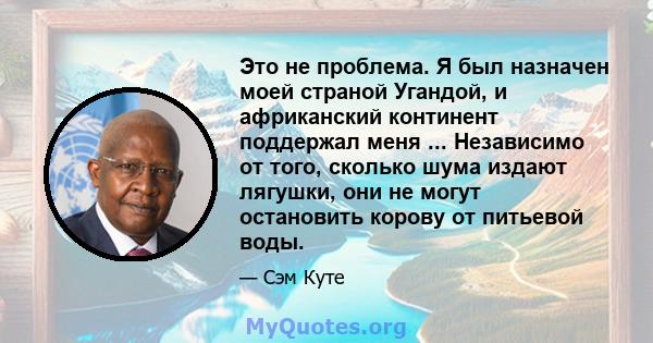 Это не проблема. Я был назначен моей страной Угандой, и африканский континент поддержал меня ... Независимо от того, сколько шума издают лягушки, они не могут остановить корову от питьевой воды.