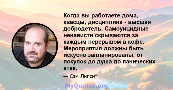 Когда вы работаете дома, квасцы, дисциплина - высшая добродетель. Самоуицидные ненависти скрываются за каждым перерывом в кофе. Мероприятия должны быть искусно запланированы, от покупок до душа до панических атак.