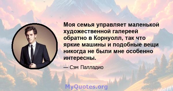 Моя семья управляет маленькой художественной галереей обратно в Корнуолл, так что яркие машины и подобные вещи никогда не были мне особенно интересны.