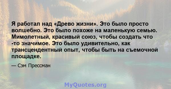 Я работал над «Древо жизни». Это было просто волшебно. Это было похоже на маленькую семью. Мимолетный, красивый союз, чтобы создать что -то значимое. Это было удивительно, как трансцендентный опыт, чтобы быть на