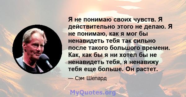 Я не понимаю своих чувств. Я действительно этого не делаю. Я не понимаю, как я мог бы ненавидеть тебя так сильно после такого большого времени. Как, как бы я ни хотел бы не ненавидеть тебя, я ненавижу тебя еще больше.