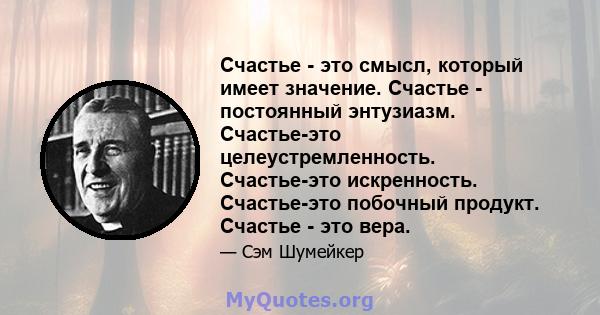 Счастье - это смысл, который имеет значение. Счастье - постоянный энтузиазм. Счастье-это целеустремленность. Счастье-это искренность. Счастье-это побочный продукт. Счастье - это вера.