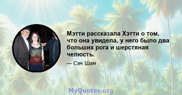 Мэтти рассказала Хэтти о том, что она увидела, у него было два больших рога и шерстяная челюсть.