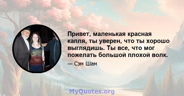 Привет, маленькая красная капля, ты уверен, что ты хорошо выглядишь. Ты все, что мог пожелать большой плохой волк.