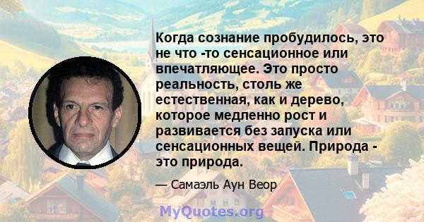 Когда сознание пробудилось, это не что -то сенсационное или впечатляющее. Это просто реальность, столь же естественная, как и дерево, которое медленно рост и развивается без запуска или сенсационных вещей. Природа - это 