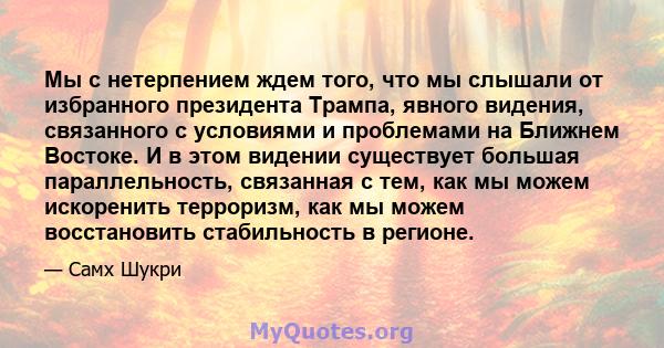 Мы с нетерпением ждем того, что мы слышали от избранного президента Трампа, явного видения, связанного с условиями и проблемами на Ближнем Востоке. И в этом видении существует большая параллельность, связанная с тем,