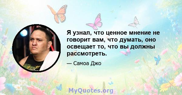 Я узнал, что ценное мнение не говорит вам, что думать, оно освещает то, что вы должны рассмотреть.