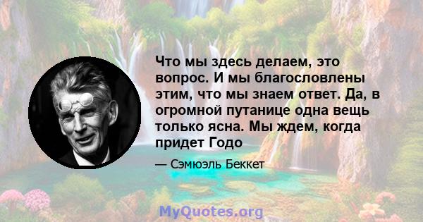 Что мы здесь делаем, это вопрос. И мы благословлены этим, что мы знаем ответ. Да, в огромной путанице одна вещь только ясна. Мы ждем, когда придет Годо