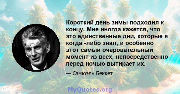 Короткий день зимы подходил к концу. Мне иногда кажется, что это единственные дни, которые я когда -либо знал, и особенно этот самый очаровательный момент из всех, непосредственно перед ночью вытирает их.