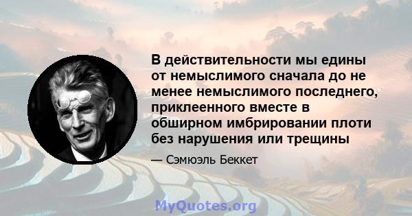 В действительности мы едины от немыслимого сначала до не менее немыслимого последнего, приклеенного вместе в обширном имбрировании плоти без нарушения или трещины