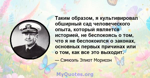 Таким образом, я культивировал обширный сад человеческого опыта, который является историей, не беспокоясь о том, что я не беспокоился о законах, основных первых причинах или о том, как все это выходит.