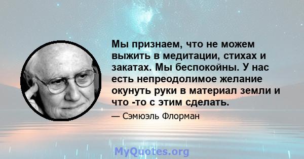 Мы признаем, что не можем выжить в медитации, стихах и закатах. Мы беспокойны. У нас есть непреодолимое желание окунуть руки в материал земли и что -то с этим сделать.