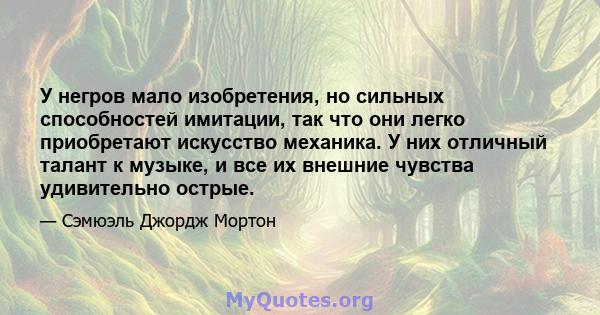 У негров мало изобретения, но сильных способностей имитации, так что они легко приобретают искусство механика. У них отличный талант к музыке, и все их внешние чувства удивительно острые.