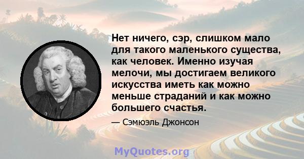 Нет ничего, сэр, слишком мало для такого маленького существа, как человек. Именно изучая мелочи, мы достигаем великого искусства иметь как можно меньше страданий и как можно большего счастья.