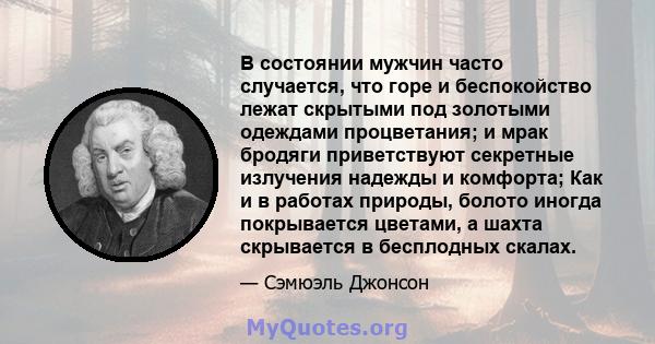 В состоянии мужчин часто случается, что горе и беспокойство лежат скрытыми под золотыми одеждами процветания; и мрак бродяги приветствуют секретные излучения надежды и комфорта; Как и в работах природы, болото иногда