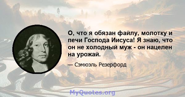 О, что я обязан файлу, молотку и печи Господа Иисуса! Я знаю, что он не холодный муж - он нацелен на урожай.