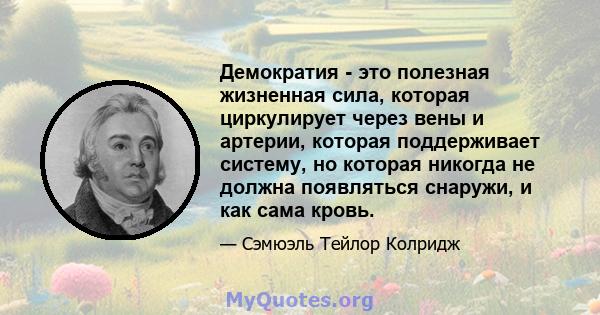 Демократия - это полезная жизненная сила, которая циркулирует через вены и артерии, которая поддерживает систему, но которая никогда не должна появляться снаружи, и как сама кровь.