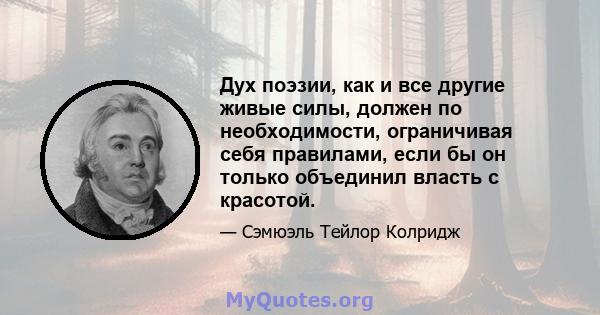 Дух поэзии, как и все другие живые силы, должен по необходимости, ограничивая себя правилами, если бы он только объединил власть с красотой.