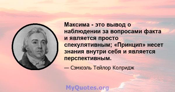 Максима - это вывод о наблюдении за вопросами факта и является просто спекулятивным; «Принцип» несет знания внутри себя и является перспективным.