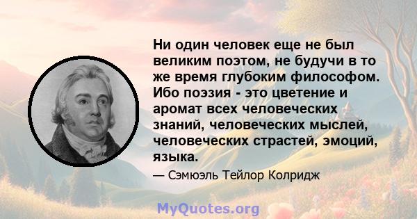 Ни один человек еще не был великим поэтом, не будучи в то же время глубоким философом. Ибо поэзия - это цветение и аромат всех человеческих знаний, человеческих мыслей, человеческих страстей, эмоций, языка.