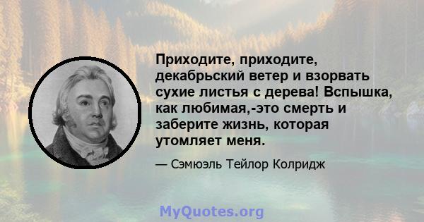 Приходите, приходите, декабрьский ветер и взорвать сухие листья с дерева! Вспышка, как любимая,-это смерть и заберите жизнь, которая утомляет меня.