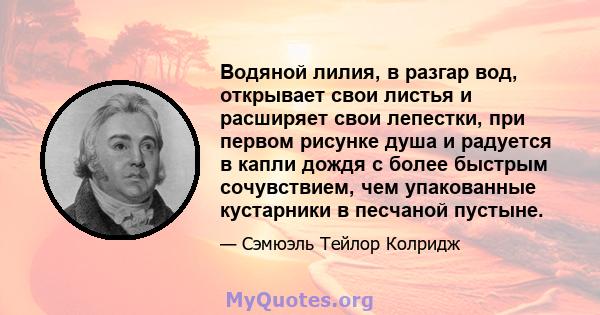 Водяной лилия, в разгар вод, открывает свои листья и расширяет свои лепестки, при первом рисунке душа и радуется в капли дождя с более быстрым сочувствием, чем упакованные кустарники в песчаной пустыне.