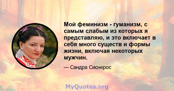 Мой феминизм - гуманизм, с самым слабым из которых я представляю, и это включает в себя много существ и формы жизни, включая некоторых мужчин.