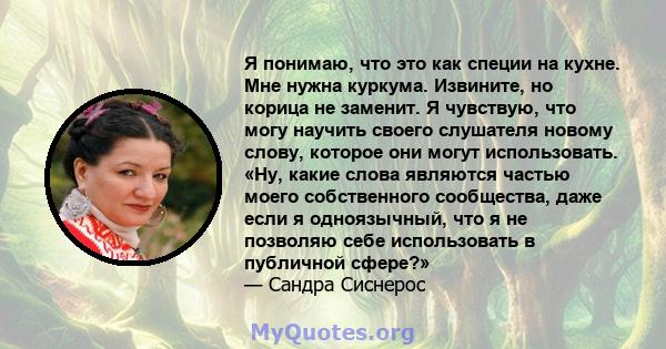 Я понимаю, что это как специи на кухне. Мне нужна куркума. Извините, но корица не заменит. Я чувствую, что могу научить своего слушателя новому слову, которое они могут использовать. «Ну, какие слова являются частью