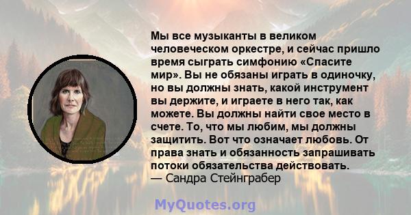 Мы все музыканты в великом человеческом оркестре, и сейчас пришло время сыграть симфонию «Спасите мир». Вы не обязаны играть в одиночку, но вы должны знать, какой инструмент вы держите, и играете в него так, как можете. 