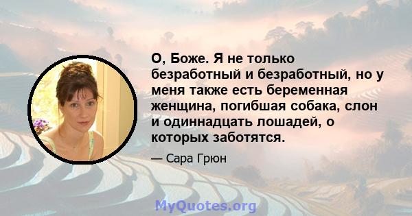 О, Боже. Я не только безработный и безработный, но у меня также есть беременная женщина, погибшая собака, слон и одиннадцать лошадей, о которых заботятся.