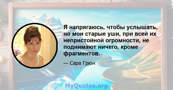 Я напрягаюсь, чтобы услышать, но мои старые уши, при всей их непристойной огромности, не поднимают ничего, кроме фрагментов.