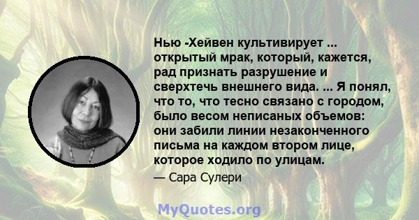 Нью -Хейвен культивирует ... открытый мрак, который, кажется, рад признать разрушение и сверхтечь внешнего вида. ... Я понял, что то, что тесно связано с городом, было весом неписаных объемов: они забили линии