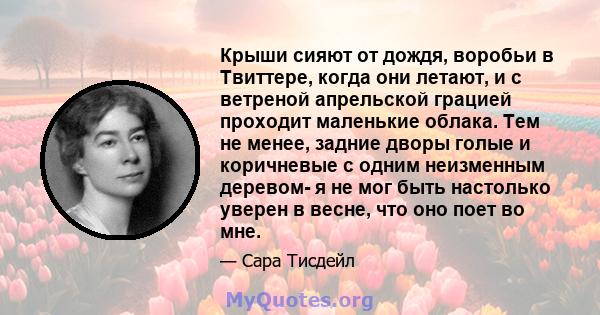 Крыши сияют от дождя, воробьи в Твиттере, когда они летают, и с ветреной апрельской грацией проходит маленькие облака. Тем не менее, задние дворы голые и коричневые с одним неизменным деревом- я не мог быть настолько