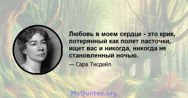 Любовь в моем сердце - это крик, потерянный как полет ласточки, ищет вас и никогда, никогда не становленный ночью.