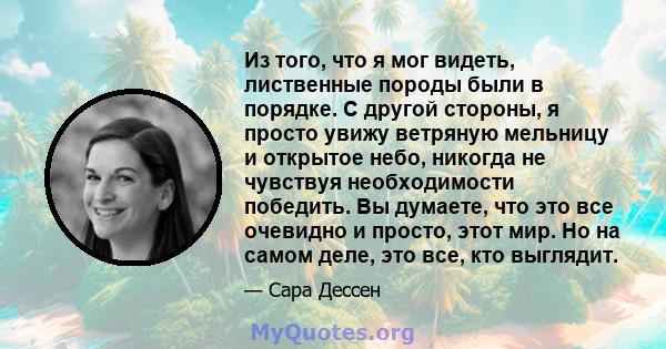 Из того, что я мог видеть, лиственные породы были в порядке. С другой стороны, я просто увижу ветряную мельницу и открытое небо, никогда не чувствуя необходимости победить. Вы думаете, что это все очевидно и просто,