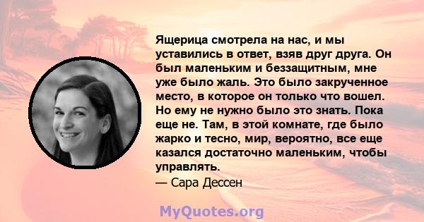 Ящерица смотрела на нас, и мы уставились в ответ, взяв друг друга. Он был маленьким и беззащитным, мне уже было жаль. Это было закрученное место, в которое он только что вошел. Но ему не нужно было это знать. Пока еще