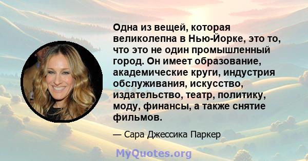 Одна из вещей, которая великолепна в Нью-Йорке, это то, что это не один промышленный город. Он имеет образование, академические круги, индустрия обслуживания, искусство, издательство, театр, политику, моду, финансы, а