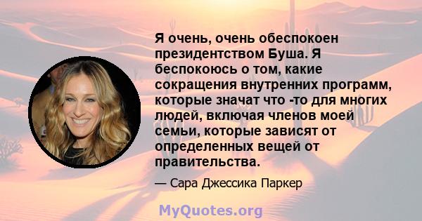 Я очень, очень обеспокоен президентством Буша. Я беспокоюсь о том, какие сокращения внутренних программ, которые значат что -то для многих людей, включая членов моей семьи, которые зависят от определенных вещей от