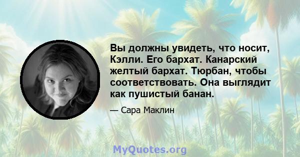 Вы должны увидеть, что носит, Кэлли. Его бархат. Канарский желтый бархат. Тюрбан, чтобы соответствовать. Она выглядит как пушистый банан.