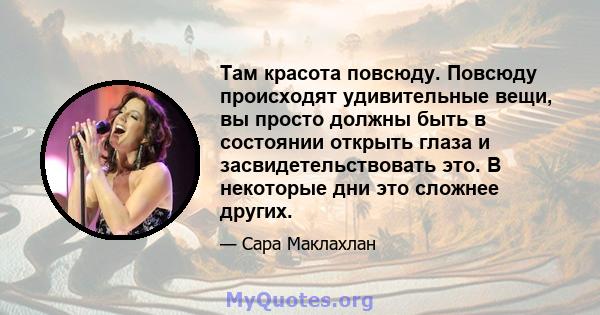 Там красота повсюду. Повсюду происходят удивительные вещи, вы просто должны быть в состоянии открыть глаза и засвидетельствовать это. В некоторые дни это сложнее других.