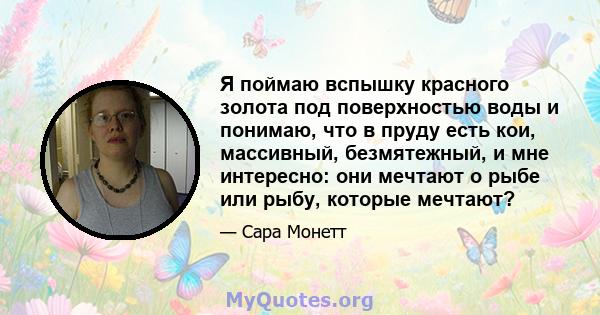 Я поймаю вспышку красного золота под поверхностью воды и понимаю, что в пруду есть кои, массивный, безмятежный, и мне интересно: они мечтают о рыбе или рыбу, которые мечтают?