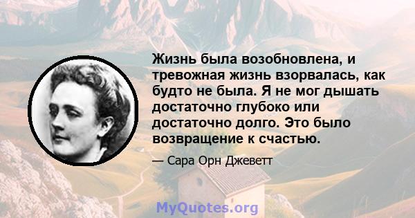 Жизнь была возобновлена, и тревожная жизнь взорвалась, как будто не была. Я не мог дышать достаточно глубоко или достаточно долго. Это было возвращение к счастью.