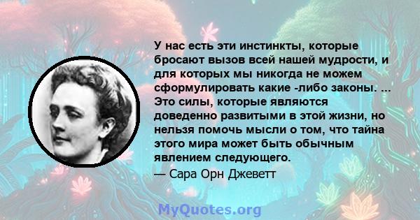 У нас есть эти инстинкты, которые бросают вызов всей нашей мудрости, и для которых мы никогда не можем сформулировать какие -либо законы. ... Это силы, которые являются доведенно развитыми в этой жизни, но нельзя помочь 